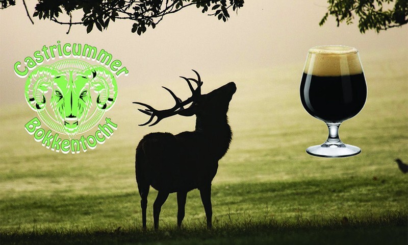 Silhouet van een hert naast het logo van de Castricummer Bokkentocht en een glas bokbier
