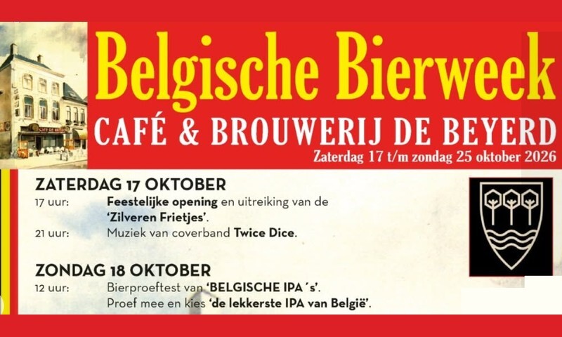 Poster Belgische Bierweek 2026 bij Café & Brouwerij De Beyerd in Breda, 17 tot en met 25 oktober