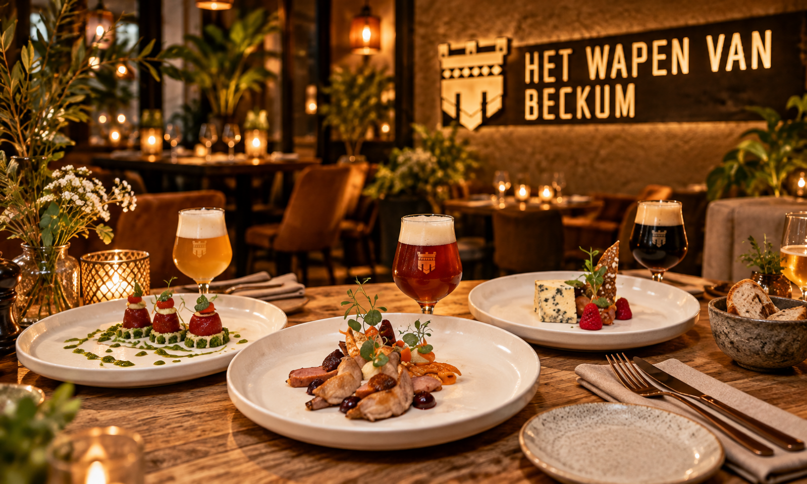 Restauranttafel met borden fine dining gerecht en glazen speciaalbier bij sfeervolle inrichting