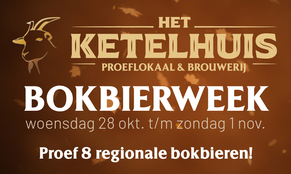 Donkerbruine promotieposter met logo van Het Ketelhuis en tekst over Bokbierweek