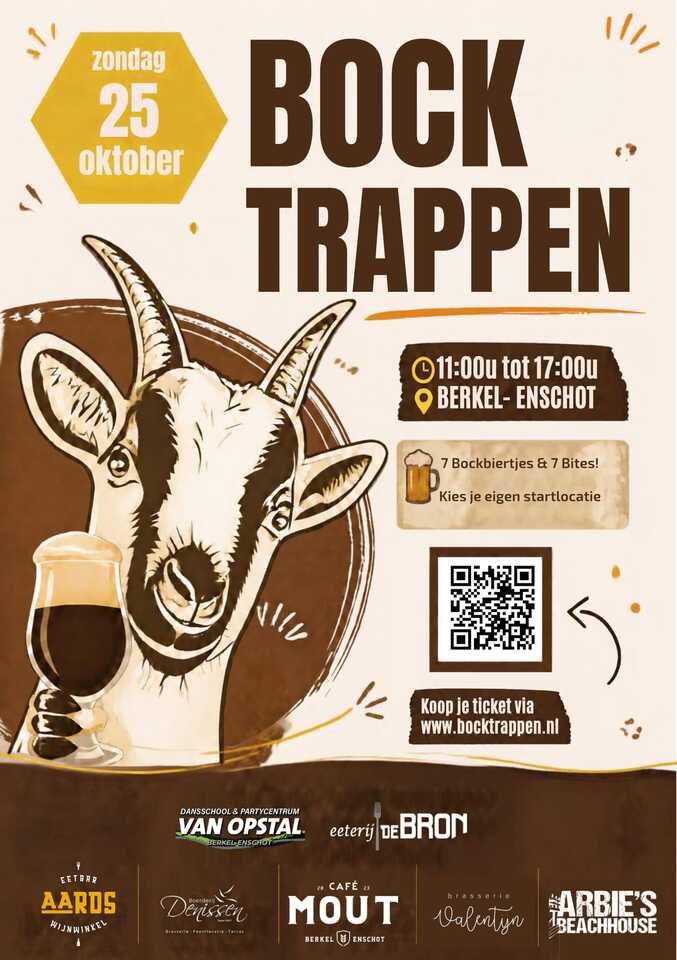 Flyer van Bocktrappen 2026 met een geit en een glas bokbier