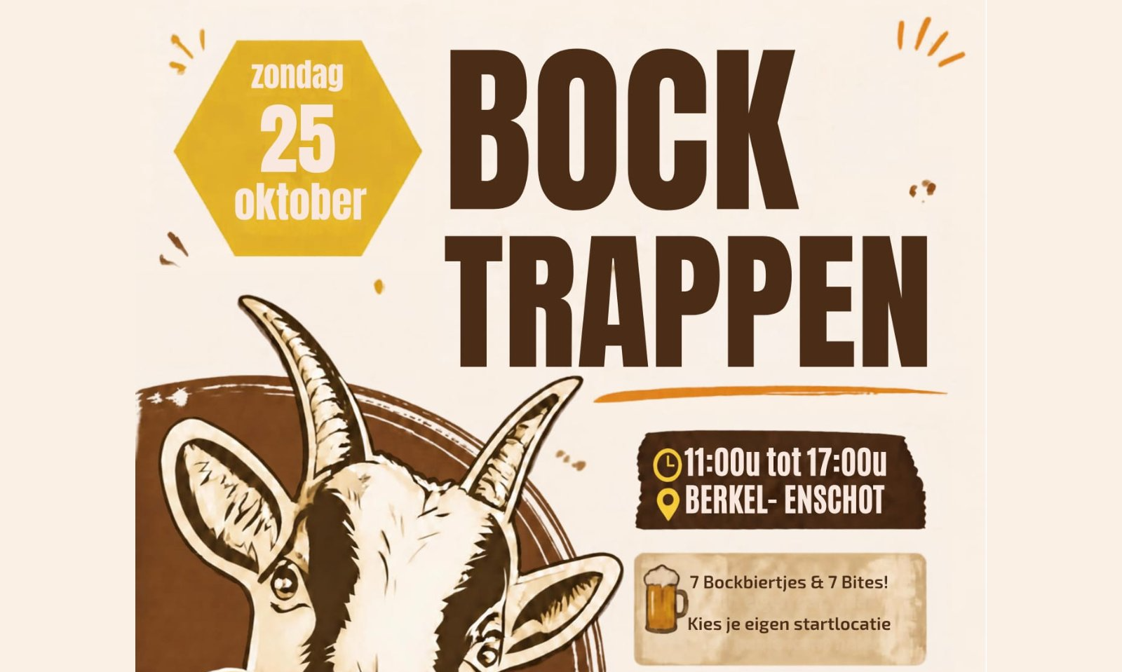 Flyer van Bocktrappen 2026 in Berkel-Enschot met een geit en een glas bokbier