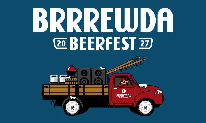 Logo Brrrewda Beerfest 2027 met een rode Frontaal-pick-up vol fusten, een barbecue en speakers op een blauwe achtergrond