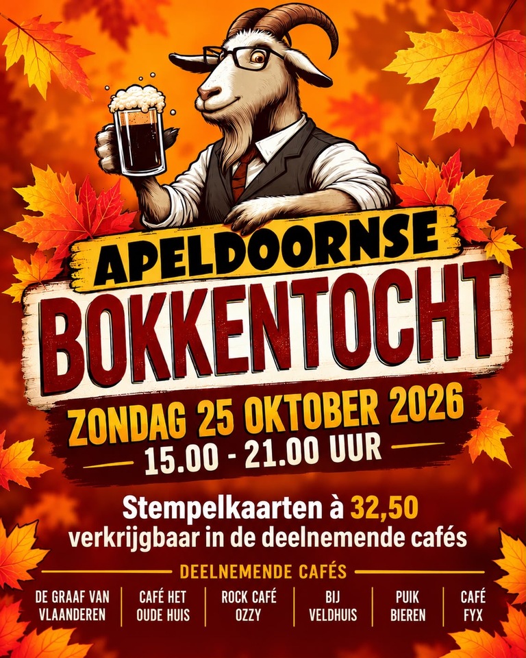 Poster van de Apeldoornse Bokkentocht met een bok met bierpul tussen herfstbladeren