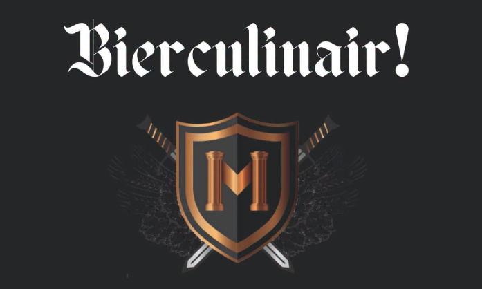 Donkere poster met koptekst 'Bierculinair!' en een schild met de letter M en gekruiste zwaarden