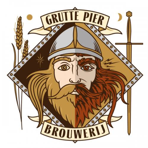 Embleem met halfgezicht van Grutte Pier met helm, twee kleuren baard, graanaar en zwaard