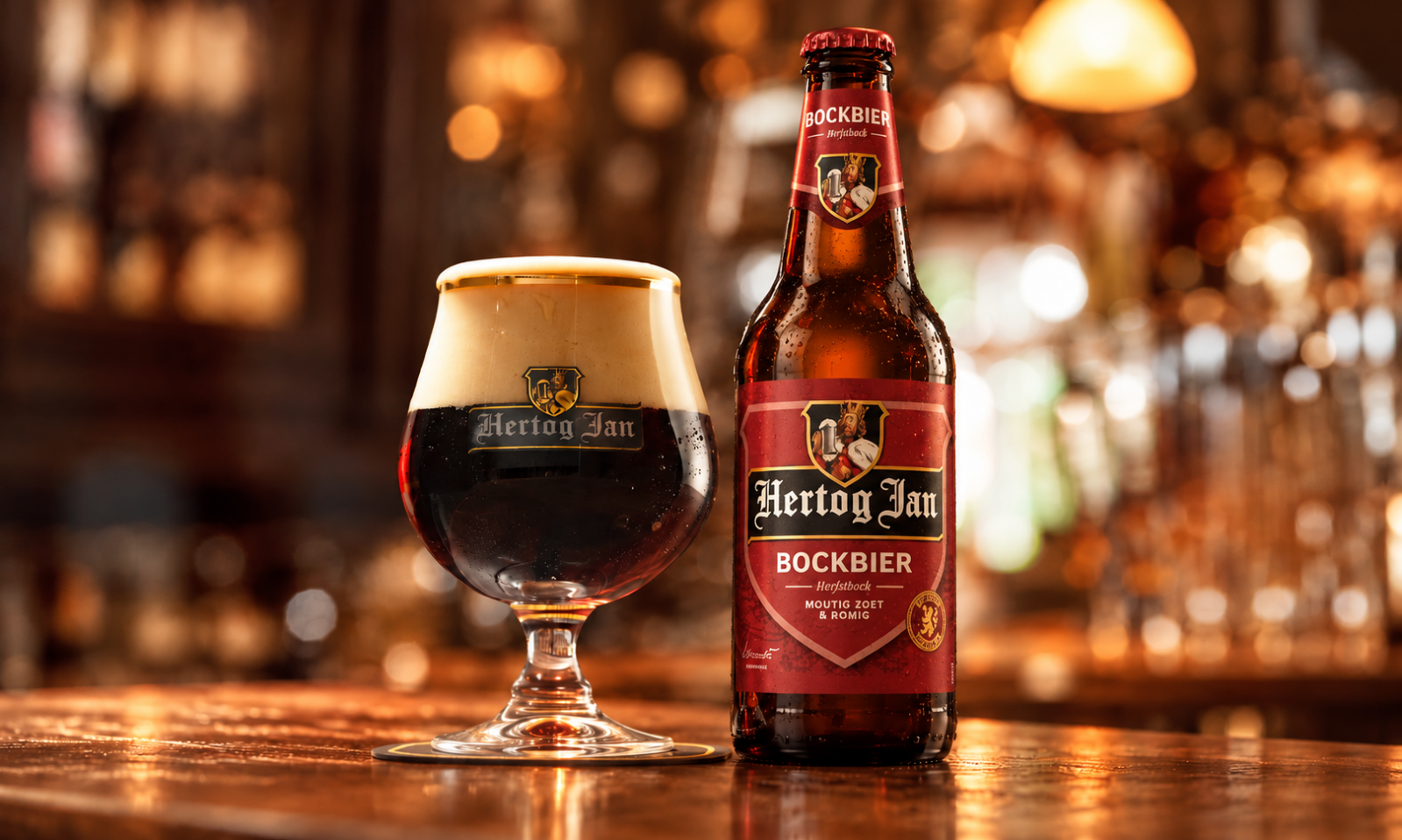 Fles en glas Hertog Jan bockbier op houten bar met warme achtergrondverlichting