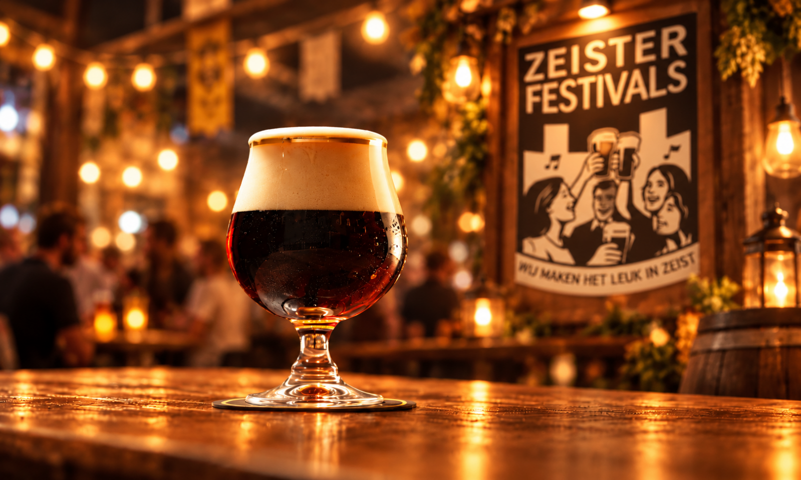 Klein glas donker bokbier met schuim op houten bar in sfeervolle verlichte festivalzaal