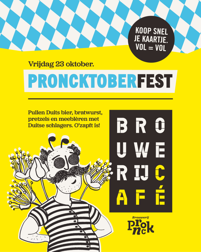 Felgele affiche voor Proncktoberfest met handgetekende man met snor, bier en tekstblok