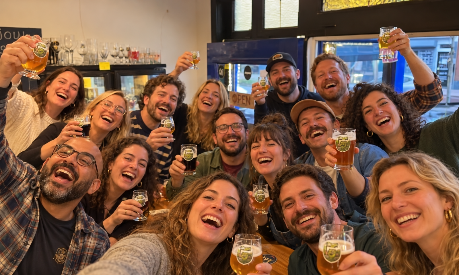 Groepsfoto van lachende mensen die bierglazen omhoog houden in een gezellige proefruimte