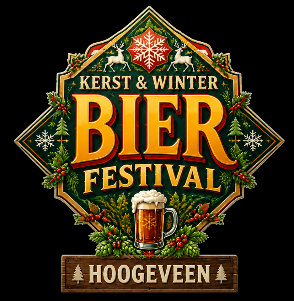 Kleurrijk logo met tekst 'Kerst & Winter Bier Festival' en een bierpul voor 'Hoogeveen'.