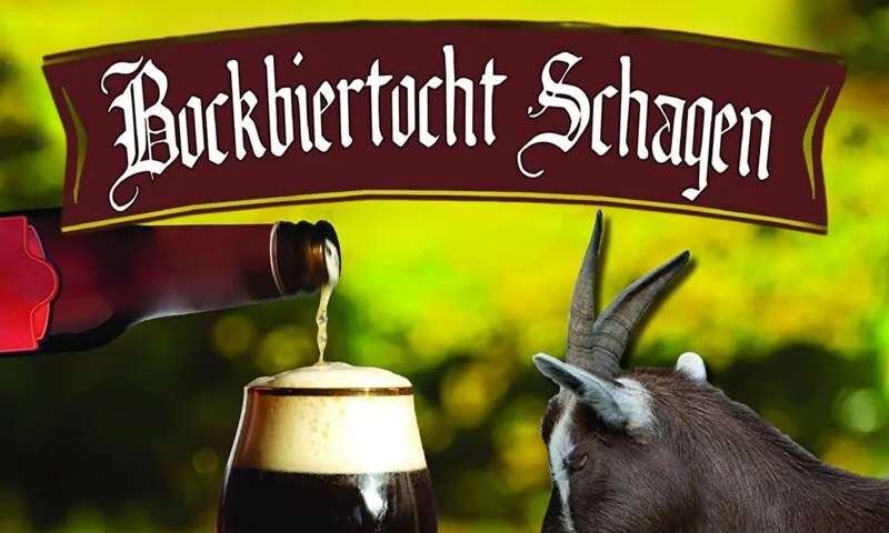 Bokbier wordt in een glas geschonken naast een geit, met de titel Bockbiertocht Schagen