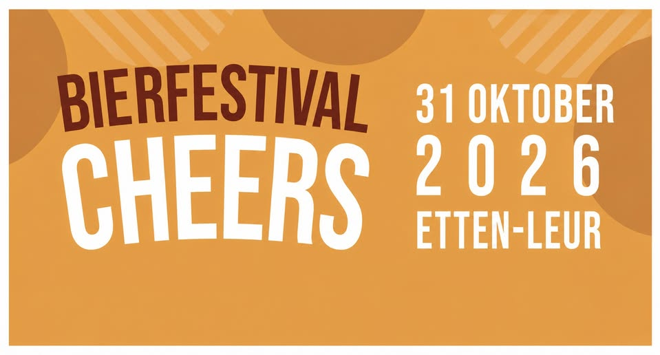 Oranje poster met tekst 'Bierfestival Cheers' en datum '31 oktober 2026 Etten-Leur'