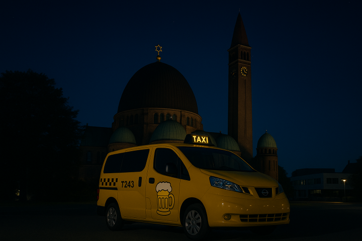 Een gele bierbezorgbus staat ’s nachts geparkeerd in een sfeervolle Waalwijk