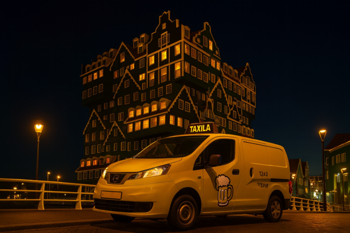 Een gele bier-taxi staat ’s nachts geparkeerd voor het Inntel Hotel Zaandam, met warme verlichting en opvallende Nederlandse gevels op de achtergrond