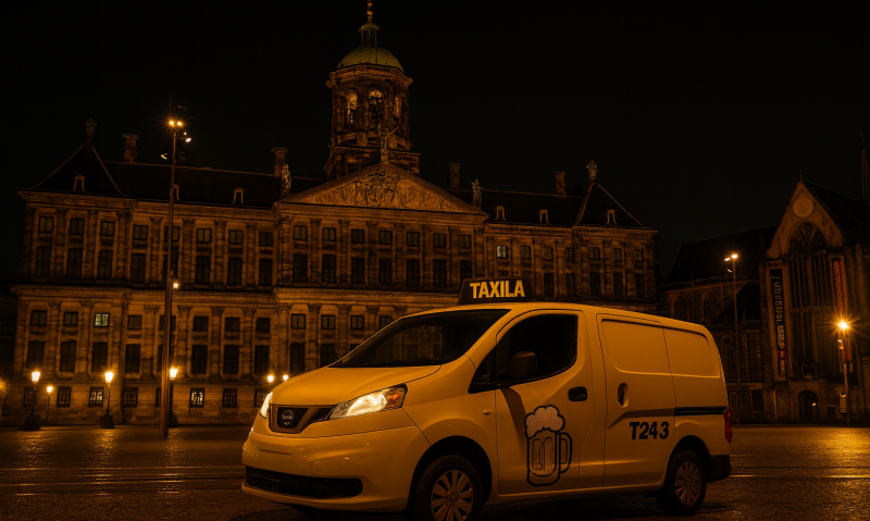Een gele biertaxi staat geparkeerd op de Dam met het Koninklijk Paleis van Amsterdam op de achtergrond.
