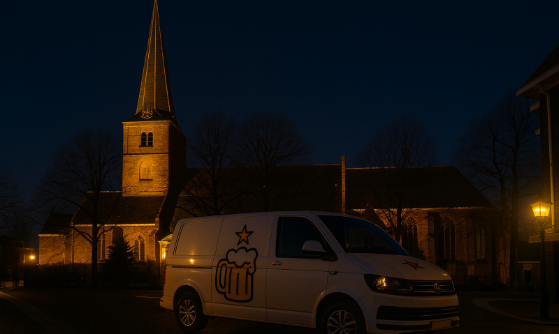 Nachtfoto van een witte bierbezorgbus met uniek bierlogo, geparkeerd voor een warm verlichte historische kerk