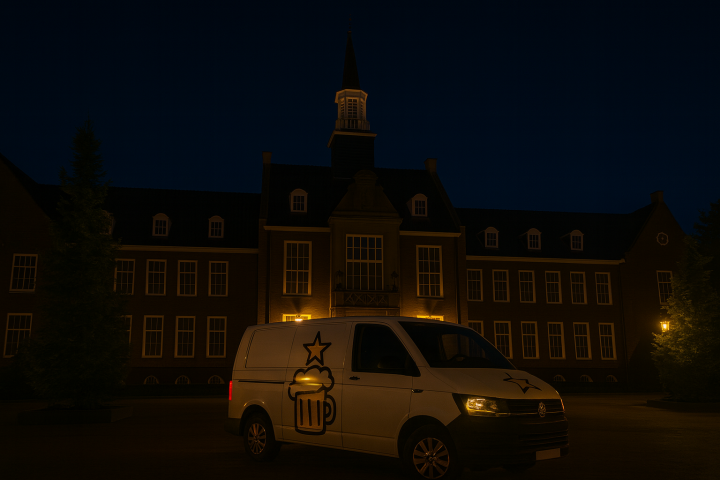 Witte bestelbus met bierlogo, ’s nachts geparkeerd voor een groot bakstenen gebouw met toren en verlichting