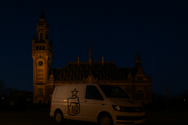 Witte bestelwagen met bierlogo geparkeerd voor het Vredespaleis in Den Haag in een nachtelijke sfeer