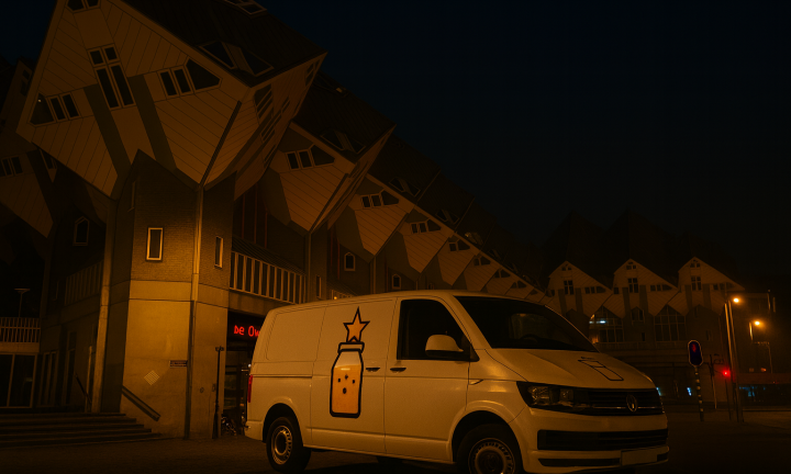 Witte bezorgbus met een modern logo die ’s nachts geparkeerd staat voor de verlichte Kubuswoningen in Rotterdam