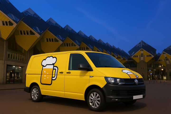 Een gele bierbezorgbus met een nieuw biertap-logo staat geparkeerd voor de Kubuswoningen in Rotterdam tijdens de avond.