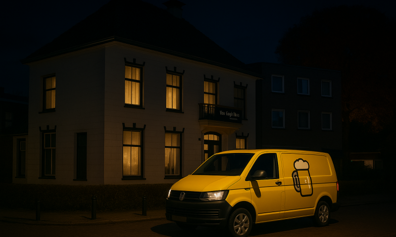 Gele bestelbus met bierthema voor het Vincent van Gogh Huis tijdens een nachtelijke scène met straatverlichting
