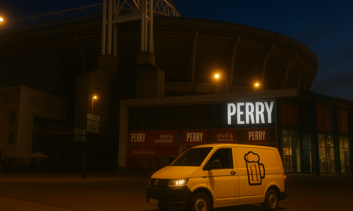 Een gele bestelbus met bierlogo staat ’s nachts verlicht voor de Johan Cruijff ArenA en de Perry-winkel, omringd door straatlampen en zachte gloed in de achtergrond.