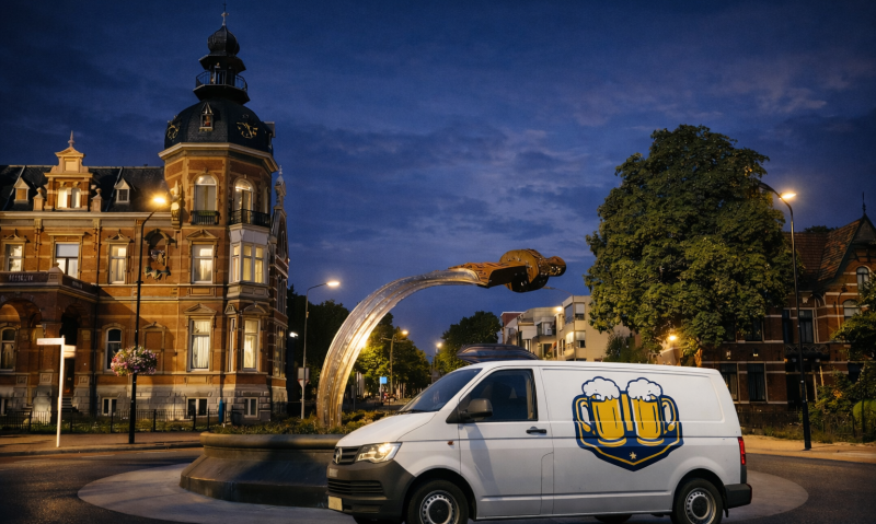 Een realistische avondscène met een wit bestelbusje met een bierlogo zonder tekst, geparkeerd bij een rotonde met een moderne metalen sculptuur, verlichte straatlampen en historische gebouwen op de achtergrond.