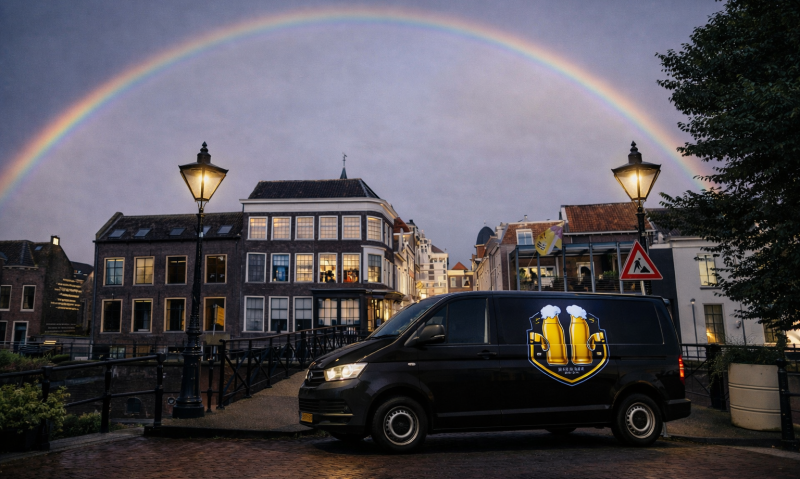 Zwarte geparkeerde bestelbus met een tekstloos bierlogo op een verlichte brug tijdens de avond, met historische Nederlandse gebouwen, straatverlichting en een dubbele regenboog op de achtergrond.