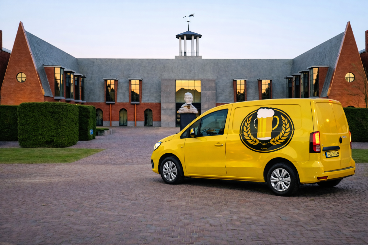 Gele bestelwagen met biersymbool voor modern gebouw met borstbeeld.