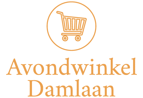 Logo van Avondwinkel Damlaan met een oranje winkelwagentje.