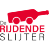Logo van De Rijdende Slijter met een wijnfles op wielen.