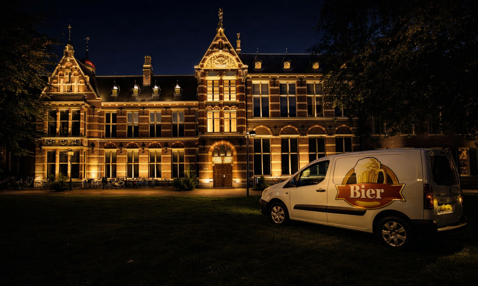 Historisch gebouw verlicht in de nacht met een bestelwagen met 'Bier'-logo op de voorgrond.
