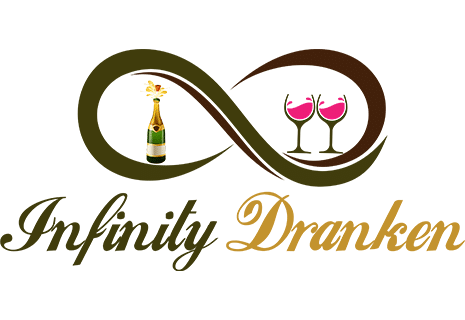 Logo van Infinity Dranken met een fles en twee wijnglazen in een oneindigheidssymbool.