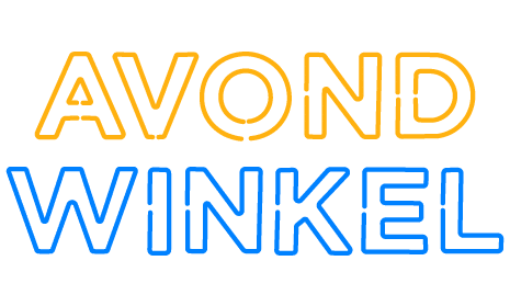 Neon letters die 'AVONDWINKEL' spellen in geel en blauw.