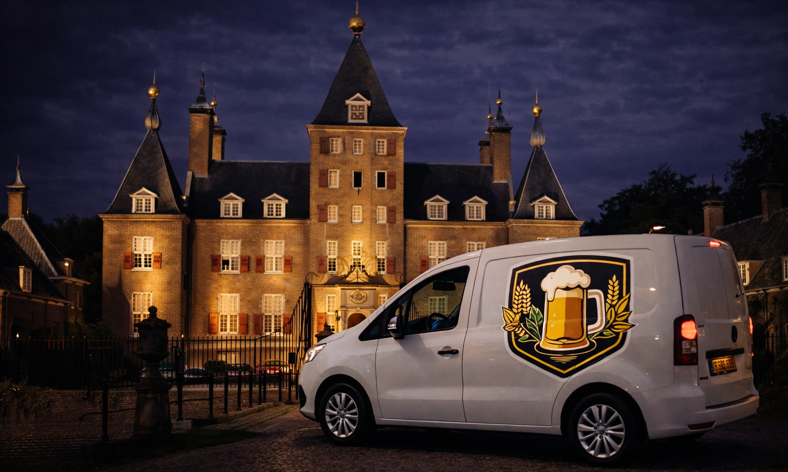 Witte bestelwagen met bierlogo voor een verlicht historisch kasteel in de schemering.