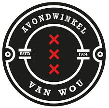 Logo van Avondwinkel van Wou met Amsterdamse drie kruisjes en tekst.