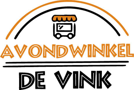 Logo van Avondwinkel De Vink met oranje tekst en een halve cirkel erboven.