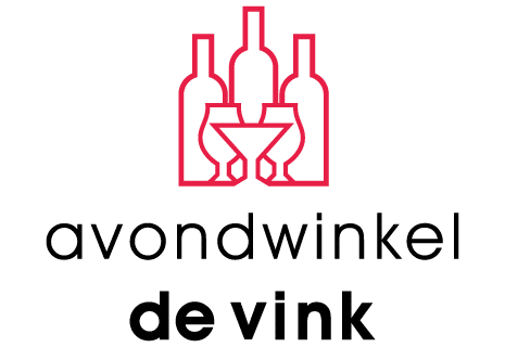 Logo van Slijterij De Vink met rode flessen en glazen.