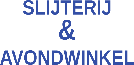 Blauwe tekst met 'Slijterij & Avondwinkel' op witte achtergrond.
