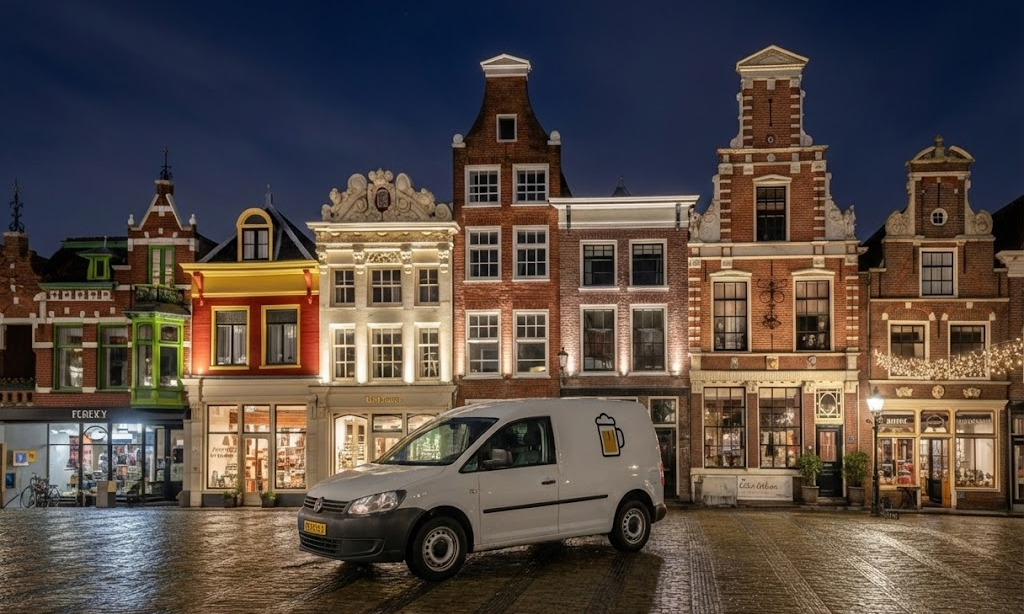 Witte bestelwagen geparkeerd voor een rij verlichte, historische gevels in de avond.