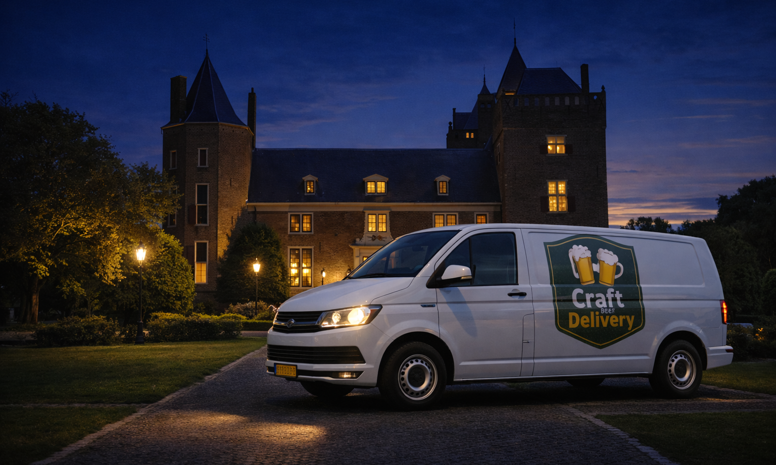 Een bezorgwagen van Craft Delivery geparkeerd voor een verlicht kasteel in de schemering.