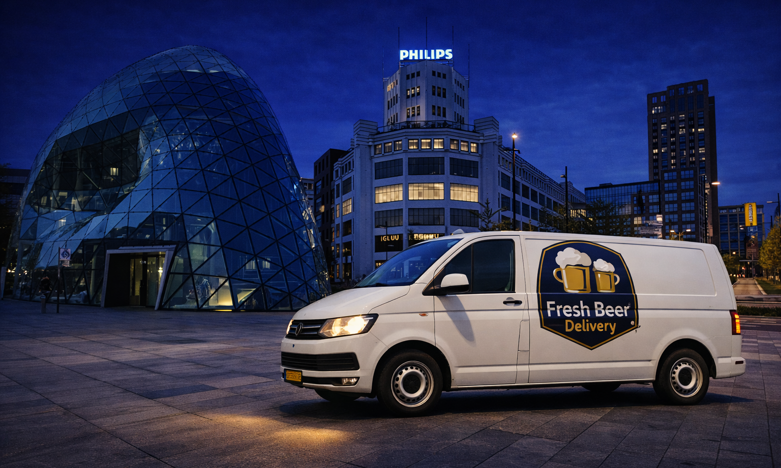 Een witte bestelwagen met 'Fresh Beer Delivery' voor een modern glazen gebouw bij nacht.