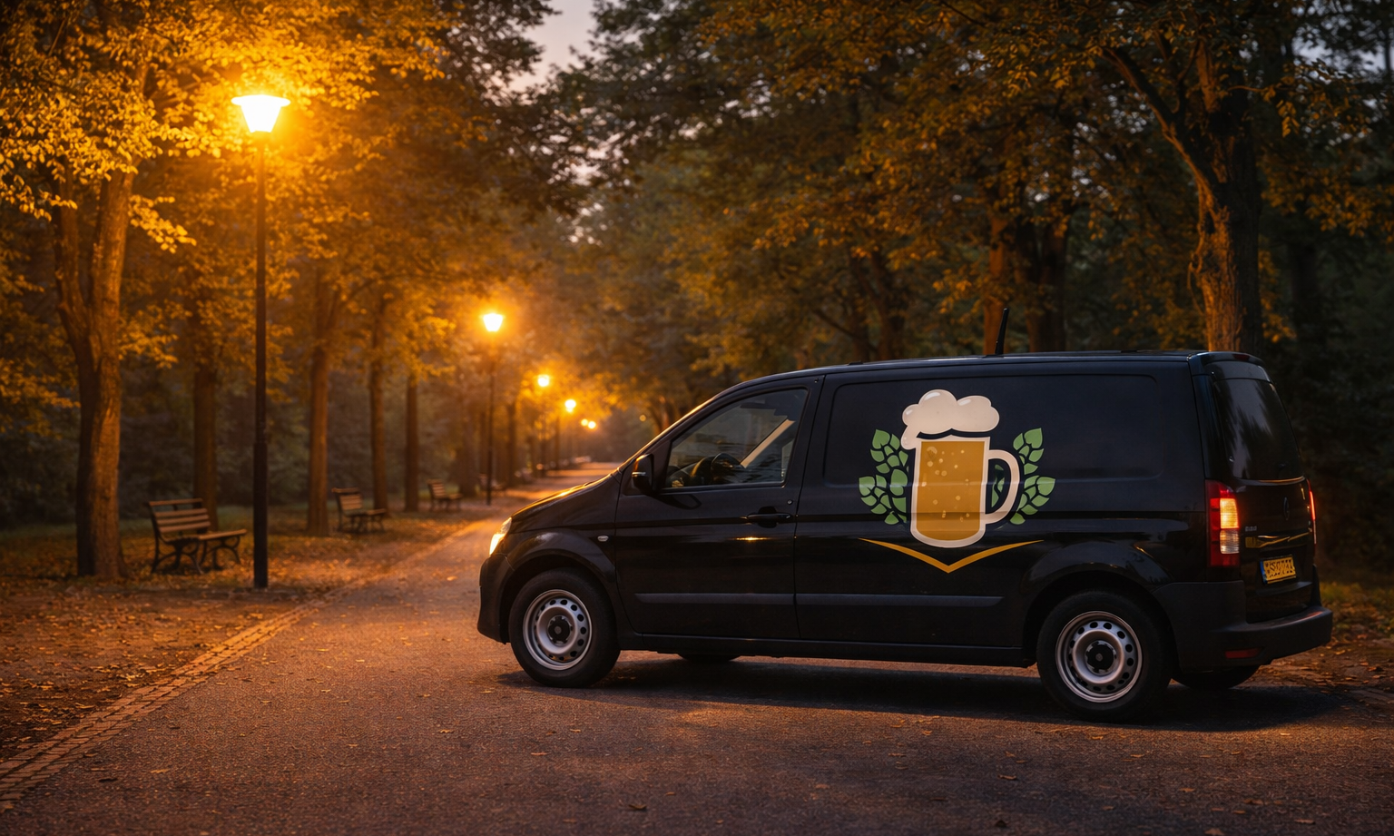 Zwarte bestelwagen met biersymbool geparkeerd op verlichte laan bij schemering.