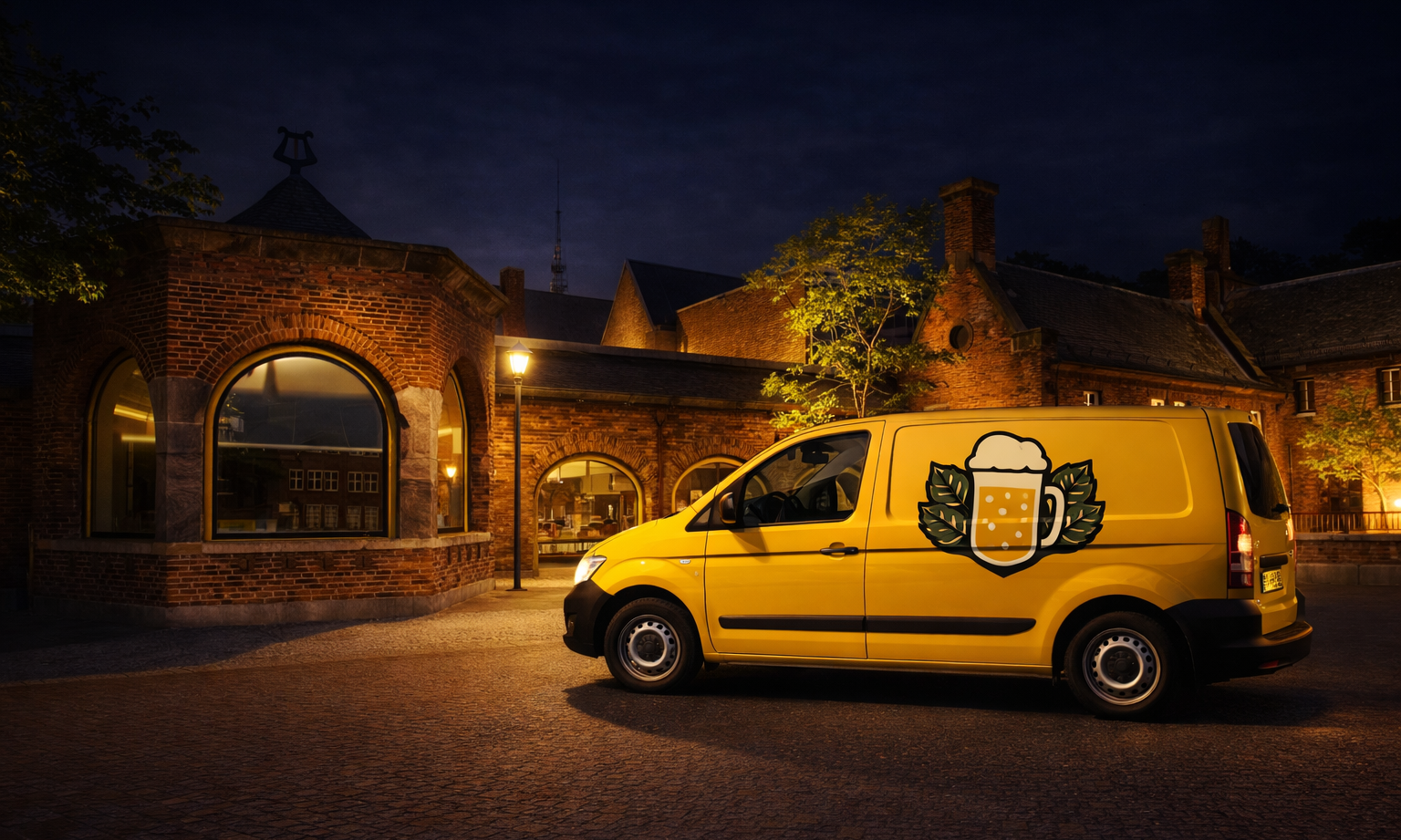 Gele bestelwagen met bierlogo geparkeerd voor een oud gebouw bij nacht.