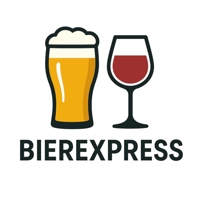 Illustratie van een bierglas en wijnglas boven de tekst 'Bierexpress'.