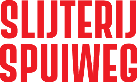 Rode tekst 'SLIJTERIJ SPUIWEG' in een strak lettertype.