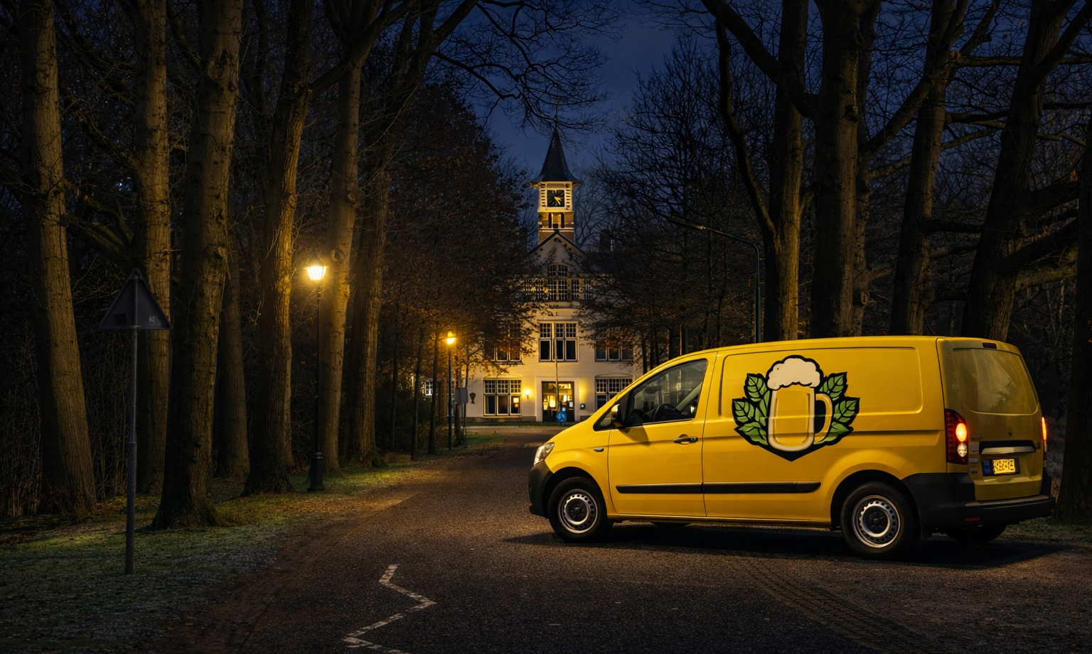 Gele bestelwagen met bierlogo rijdt in een verlicht bospad naar een wit gebouw.