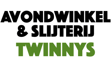 Logo van avondwinkel Twinny's met groene tekst 'Twinny's'.