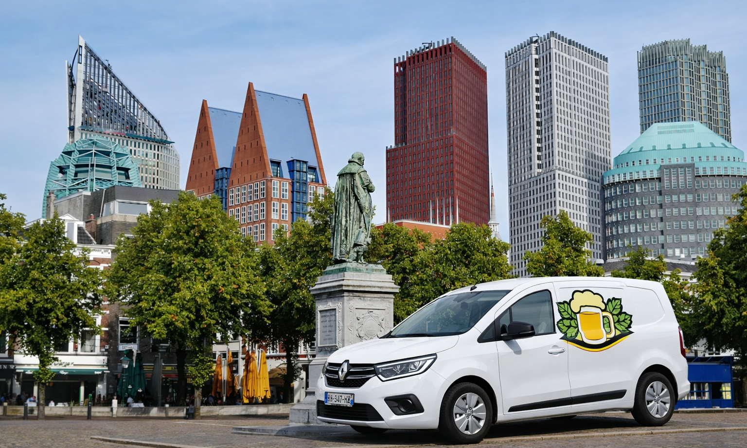 Een wit busje met een bierlogo geparkeerd op een plein, omringd door moderne gebouwen en een standbeeld.